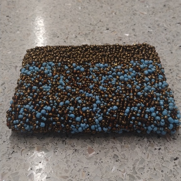 Beaded sky blue and brown beads clutch, Size 8 by 5 - Picture 4 of 8